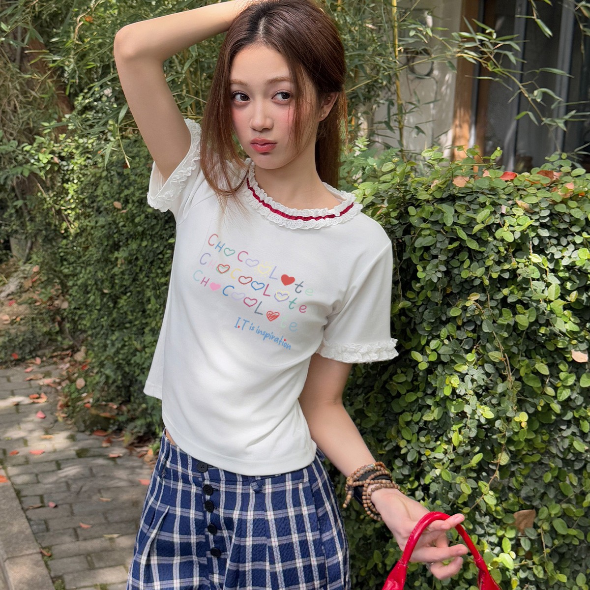 13713840.CHOCOOLATE【含天丝】夏季薄款蕾丝花边印花短袖t恤衫