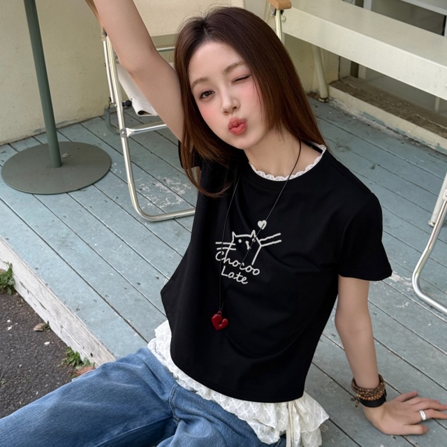 13713931.CHOCOOLATE小猫印花蕾丝圆领短袖t恤夏季学院风体恤衫