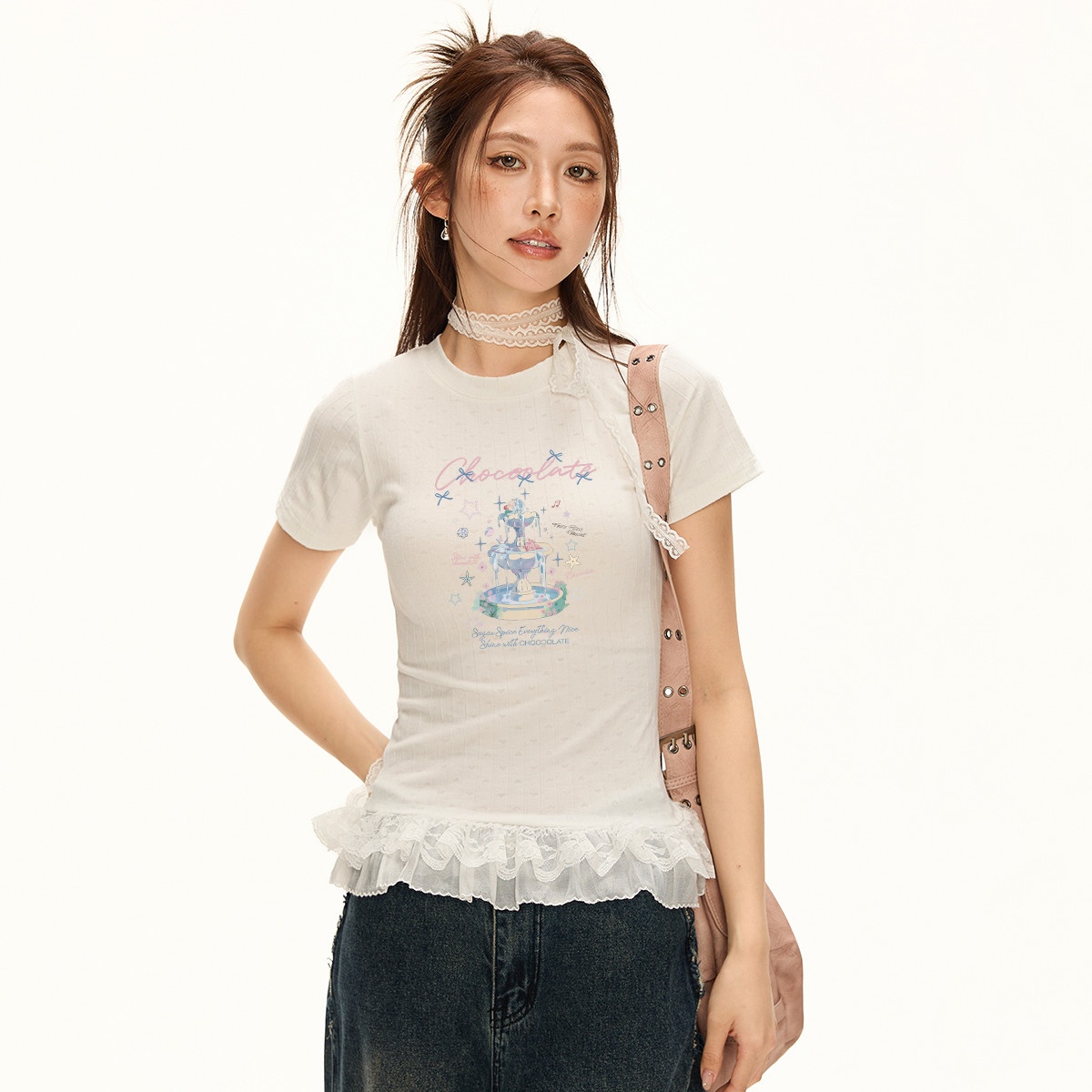 13713838.CHOCOOLATE蕾丝下摆印花短袖t恤夏季小清新别致体恤衫