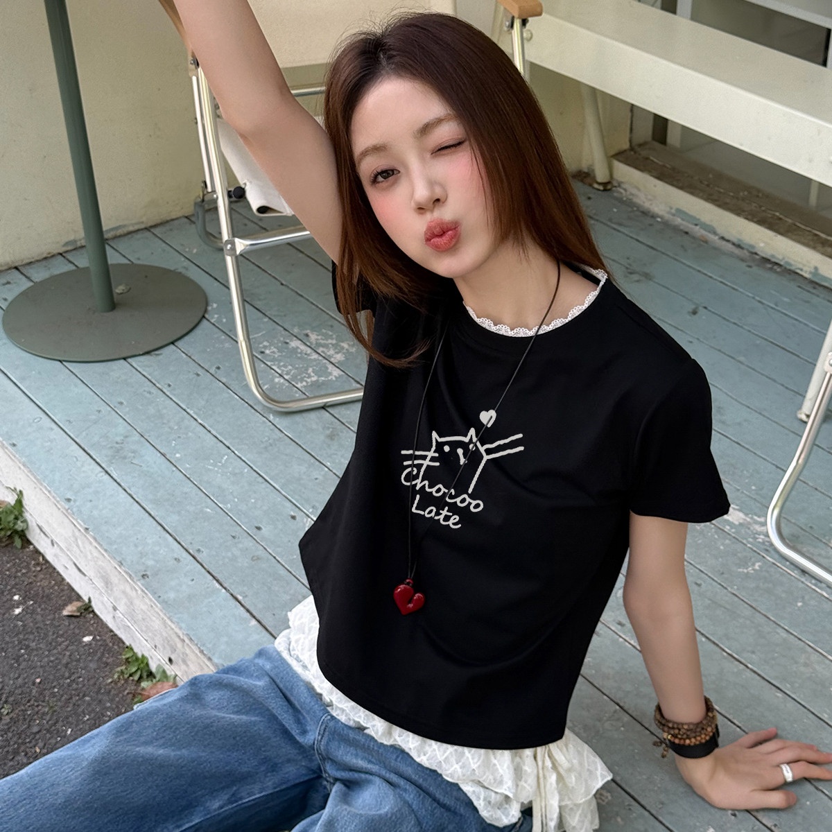 13713931.CHOCOOLATE小猫印花蕾丝圆领短袖t恤夏季学院风体恤衫