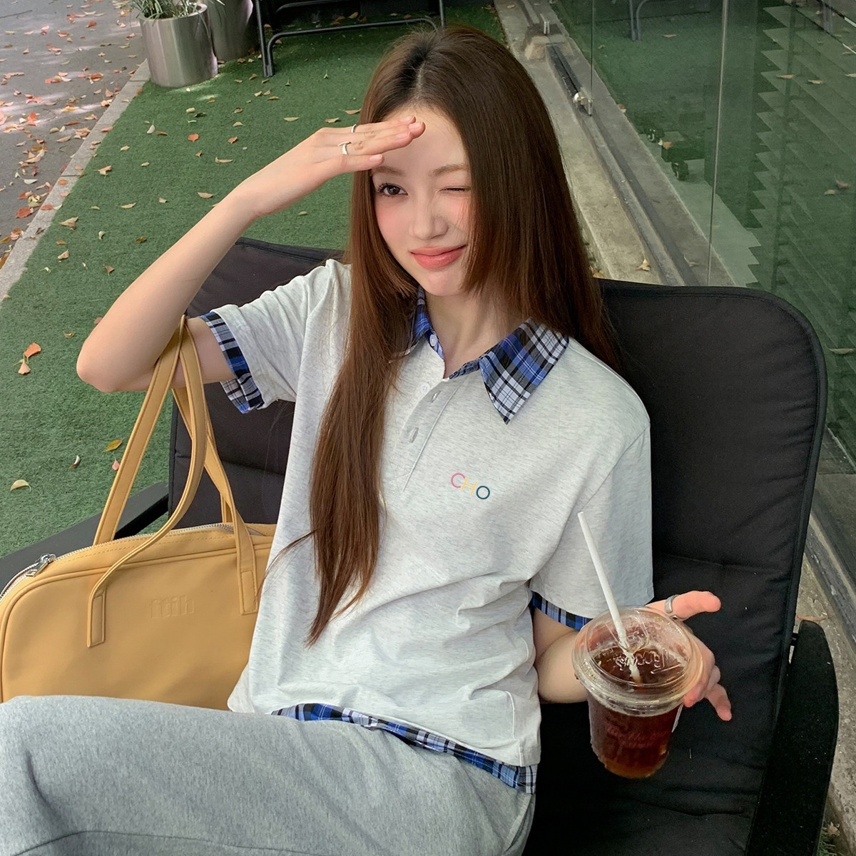 13713851.CHOCOOLATE学院风假两件拼接翻领短袖t恤夏季休闲上衣