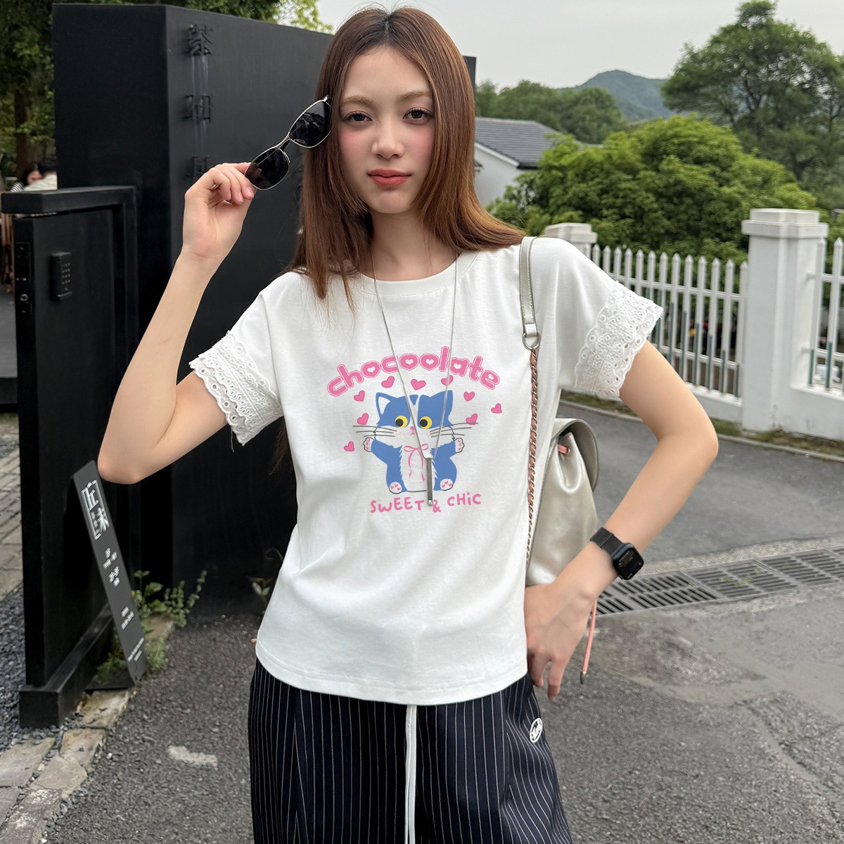 13713866.CHOCOOLATE【含天丝】花边短袖小猫印花短袖t恤半袖衫