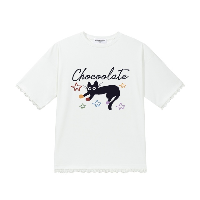 13713865.CHOCOOLATE【天丝薄款】夏季蕾丝花边印花短袖t恤上衣