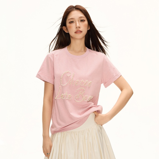 13713919.CHOCOOLATE甜美风钉珠字母短袖t恤女夏季宽松体恤上衣