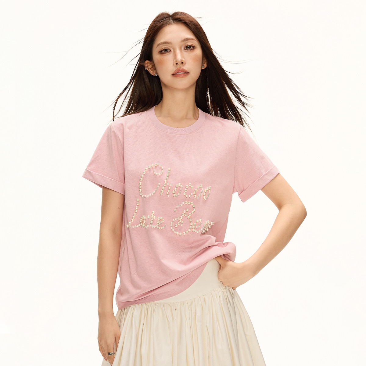 13713919.CHOCOOLATE甜美风钉珠字母短袖t恤女夏季宽松体恤上衣