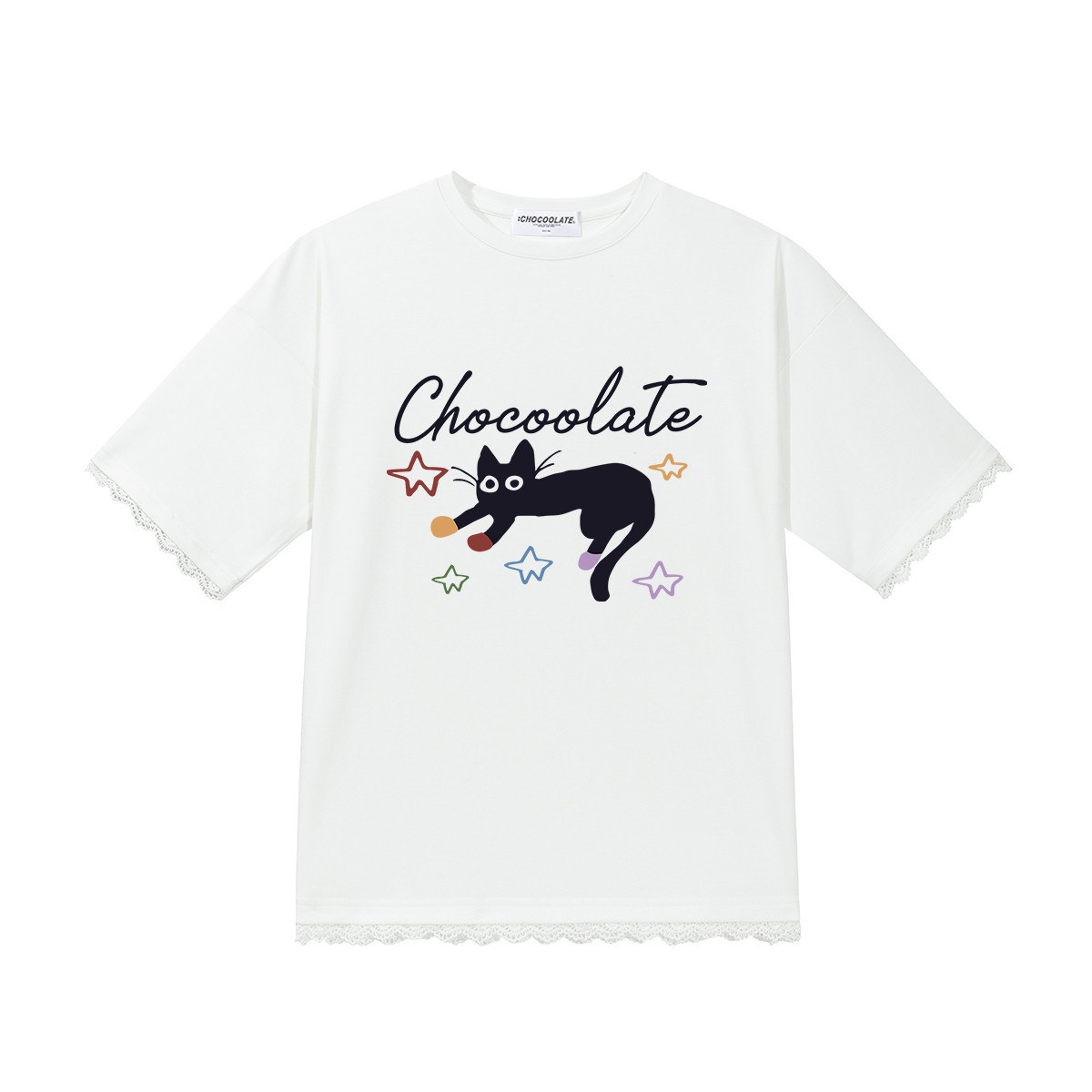 13713865.CHOCOOLATE【天丝薄款】夏季蕾丝花边印花短袖t恤上衣