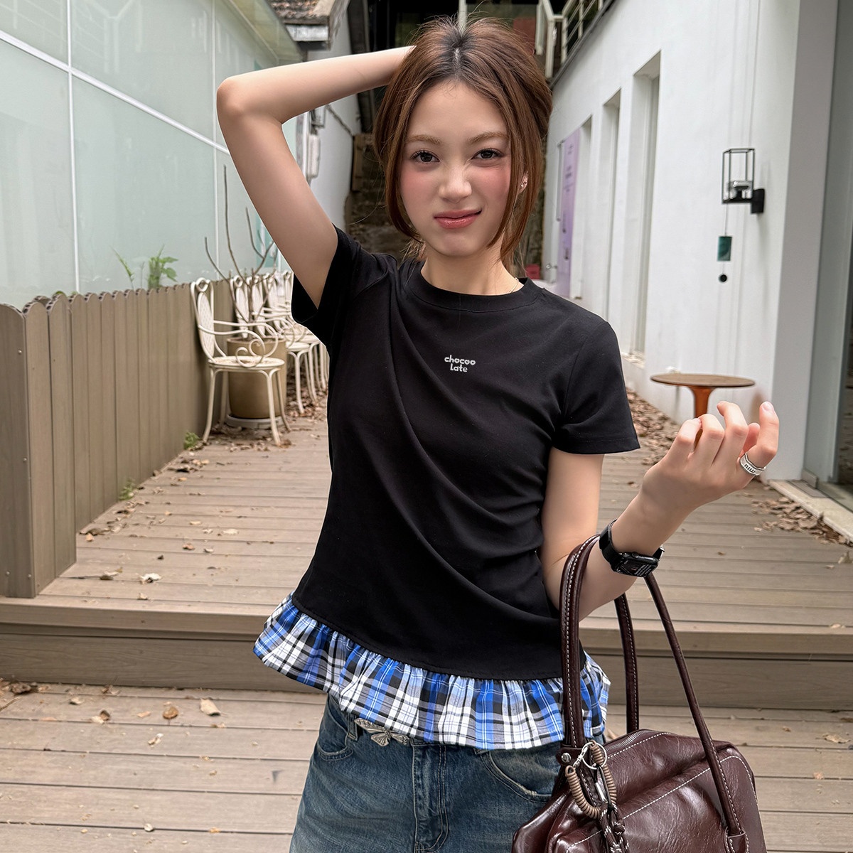 13713863.CHOCOOLATE夏季甜美少女短袖t恤荷叶边拼接别致女上衣