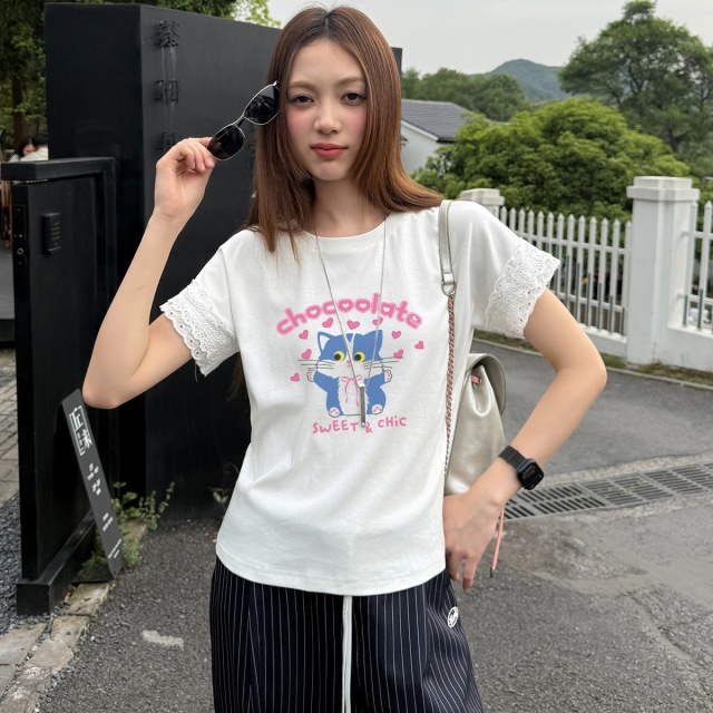 13713866.CHOCOOLATE【含天丝】花边短袖小猫印花短袖t恤半袖衫