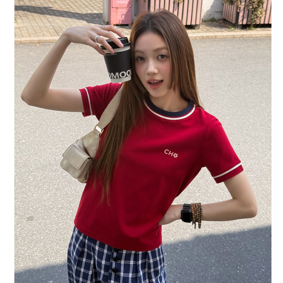 13713862.CHOCOOLATE夏季撞色领短袖t恤学院风针织上衣半袖体恤