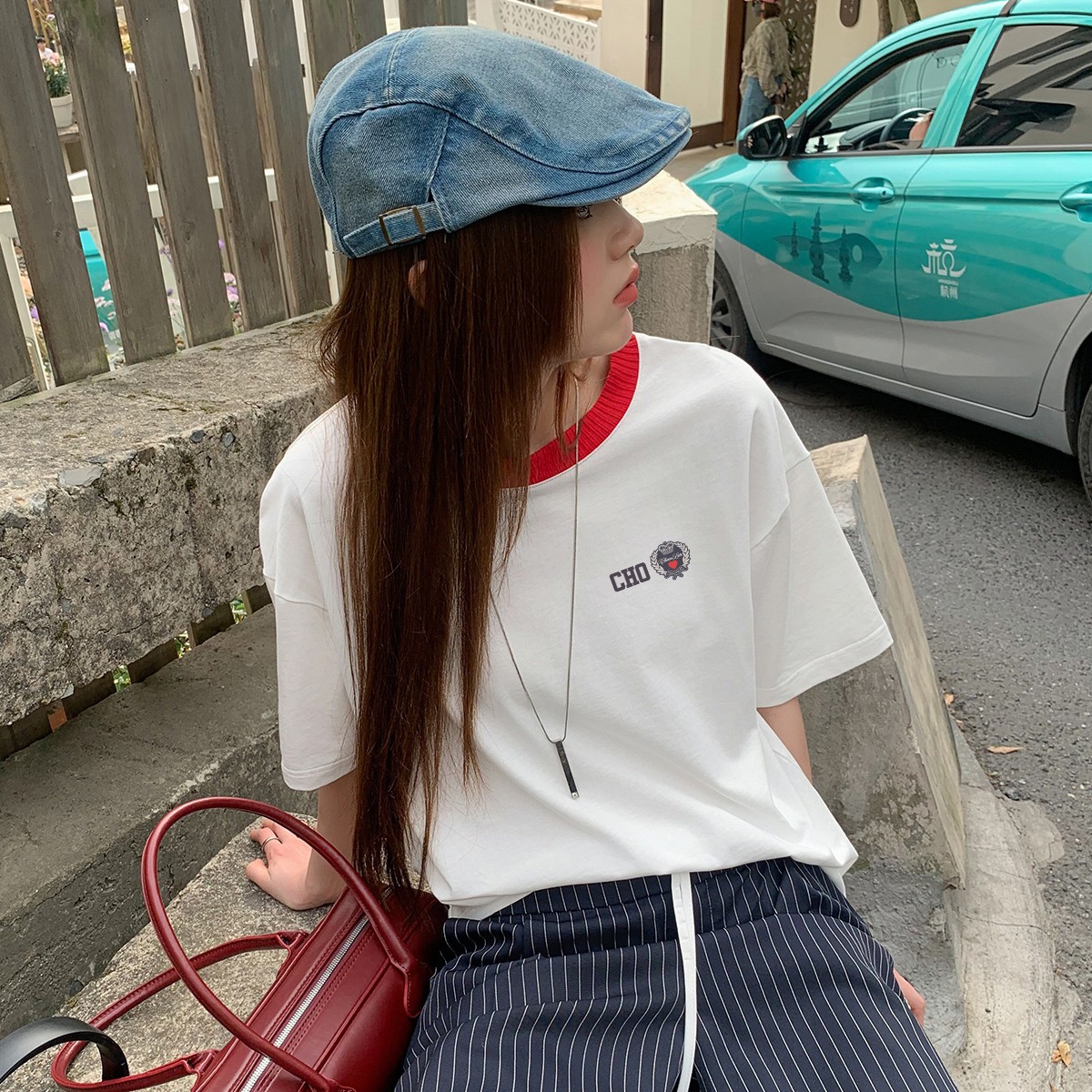 13713885.CHOCOOLATE撞色圆领短袖t恤夏季休闲宽松简约百搭上衣