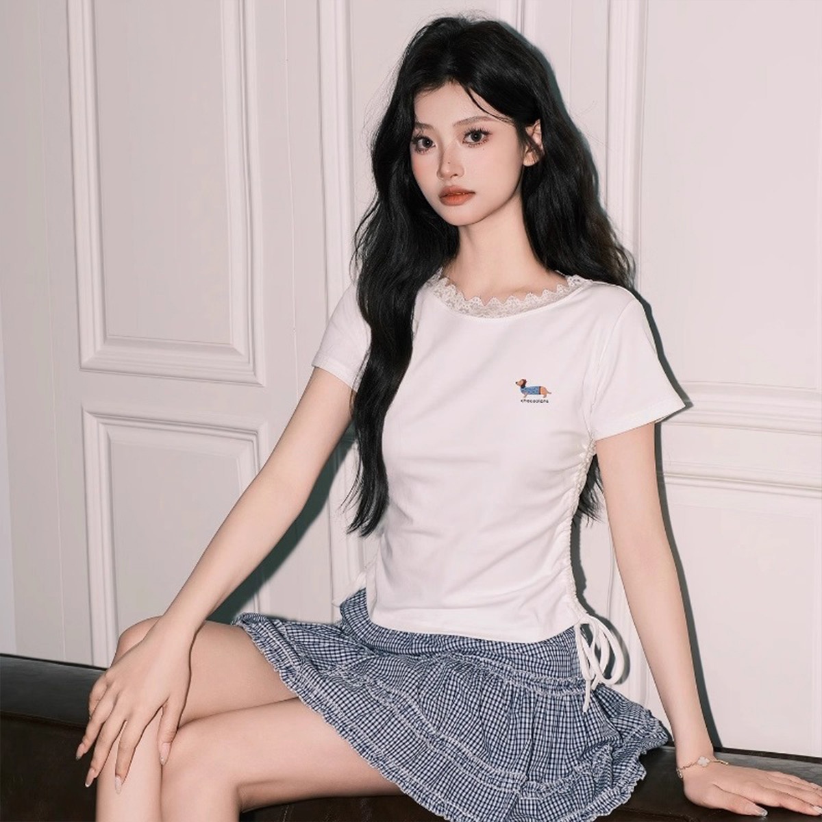 13714232.CHOCOOLATE蕾丝花边皱着绑带收腰显瘦夏季辣妹短袖t恤