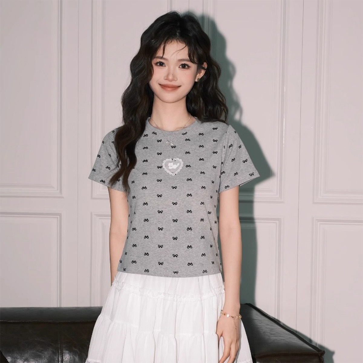 13714238.CHOCOOLATE爱心印花圆领短袖t恤夏季甜美少女满印上衣