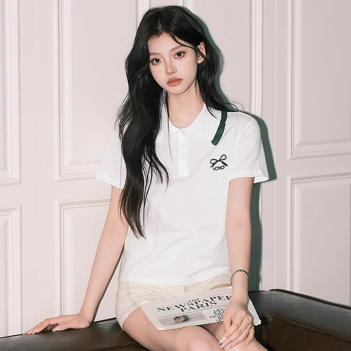 13714212.CHOCOOLATE极简风半袖翻领polo衫夏季女式短袖t恤