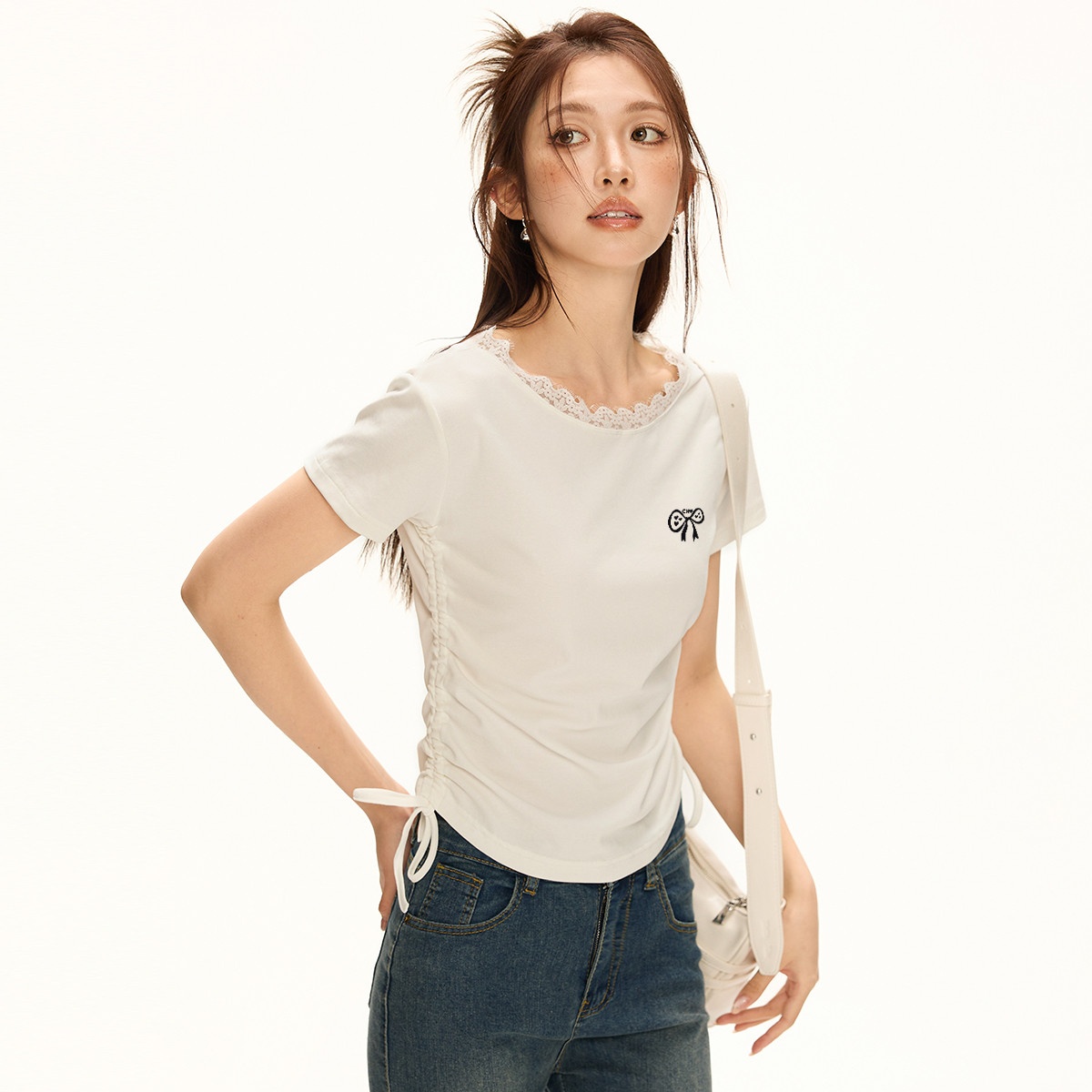 13714215.CHOCOOLATE夏季甜美减龄蕾丝花边绑带短袖t恤半袖上衣