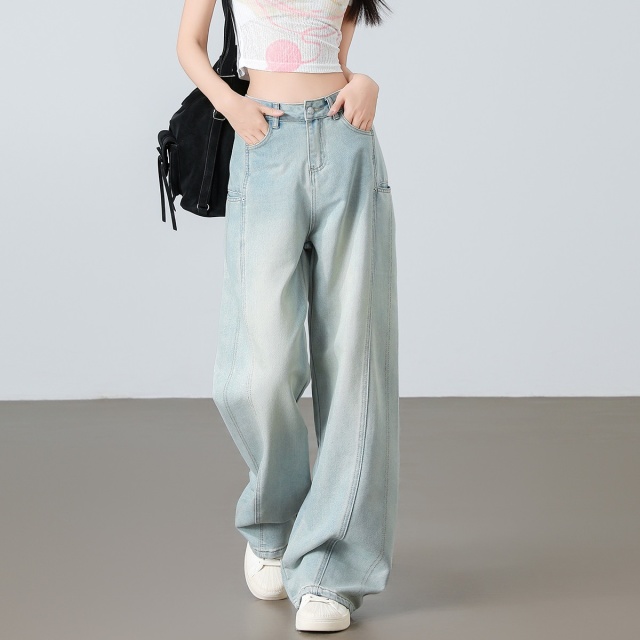 13714289.CHOCOOLATE美式复古浅色牛仔裤高腰宽松直筒阔腿长裤子