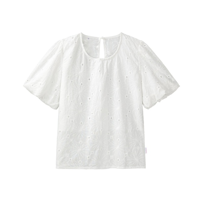 13714307.CHOCOOLATE泡泡袖刺绣镂空短袖衬衫夏季小众露背女上衣