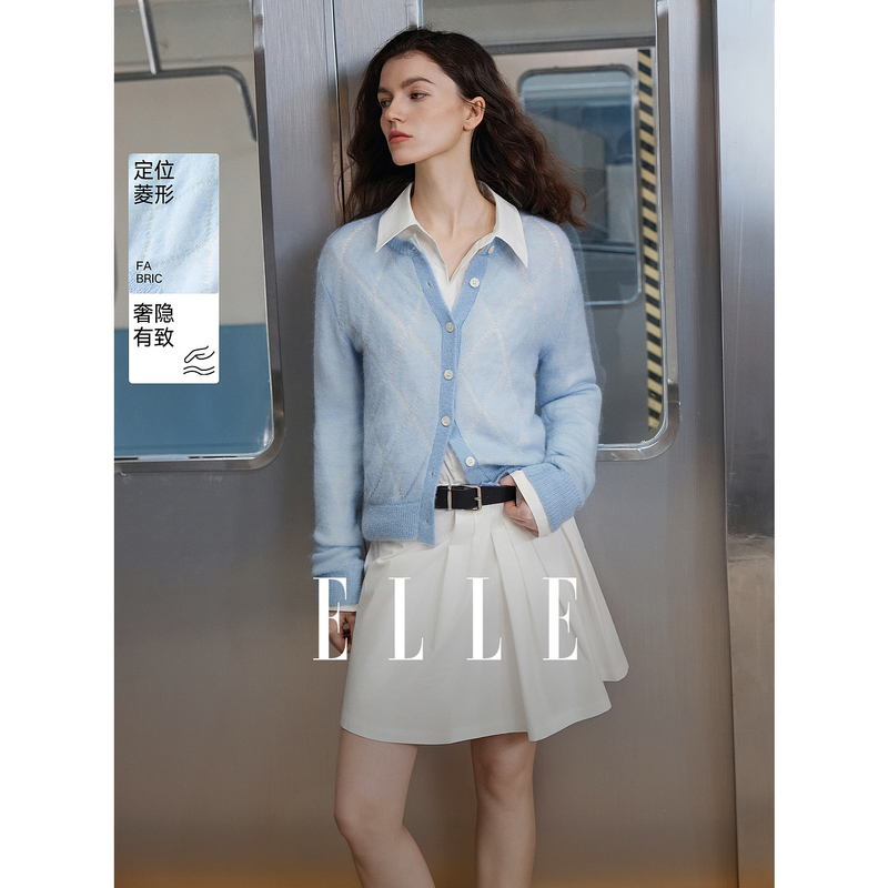 13138432.ELLE高质感马海毛女式毛衣文艺休闲风假两件撞色