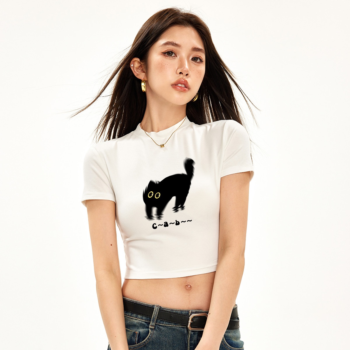 13714560.ccaabb猫咪印花短袖t恤夏季纯欲辣妹显瘦短款百搭女式上衣