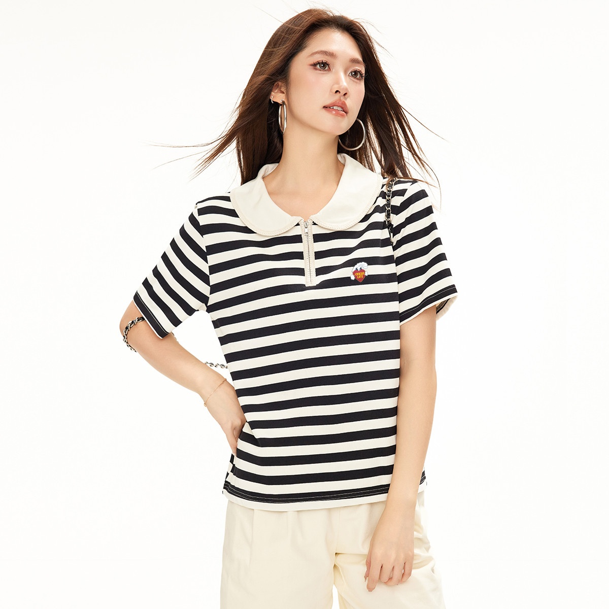 13714085.CHOCOOLATE翻领条纹polo衫春夏季学院风短袖t恤女