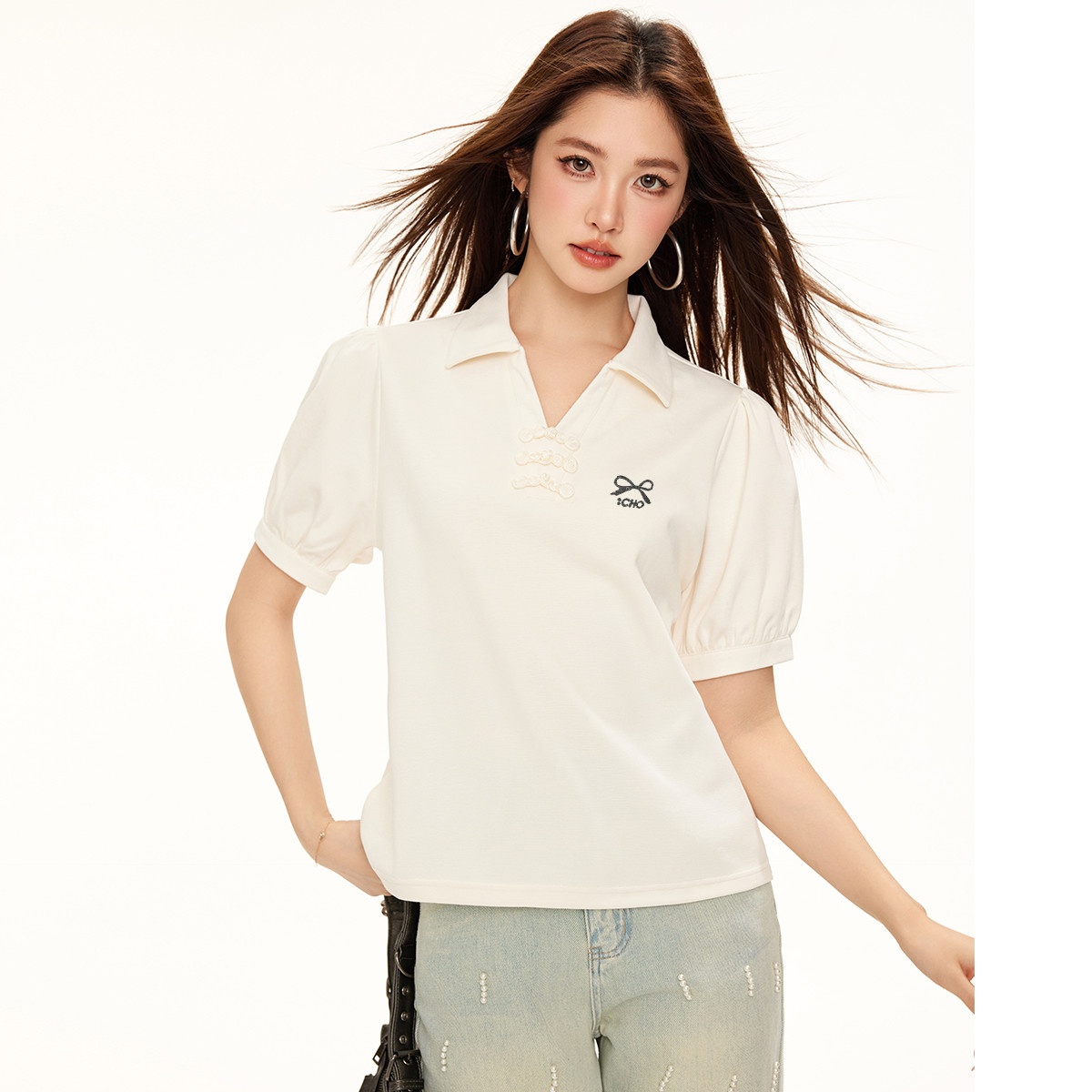 13714127.CHOCOOLATE新中式泡泡袖polo衫夏季短袖甜美上衣女