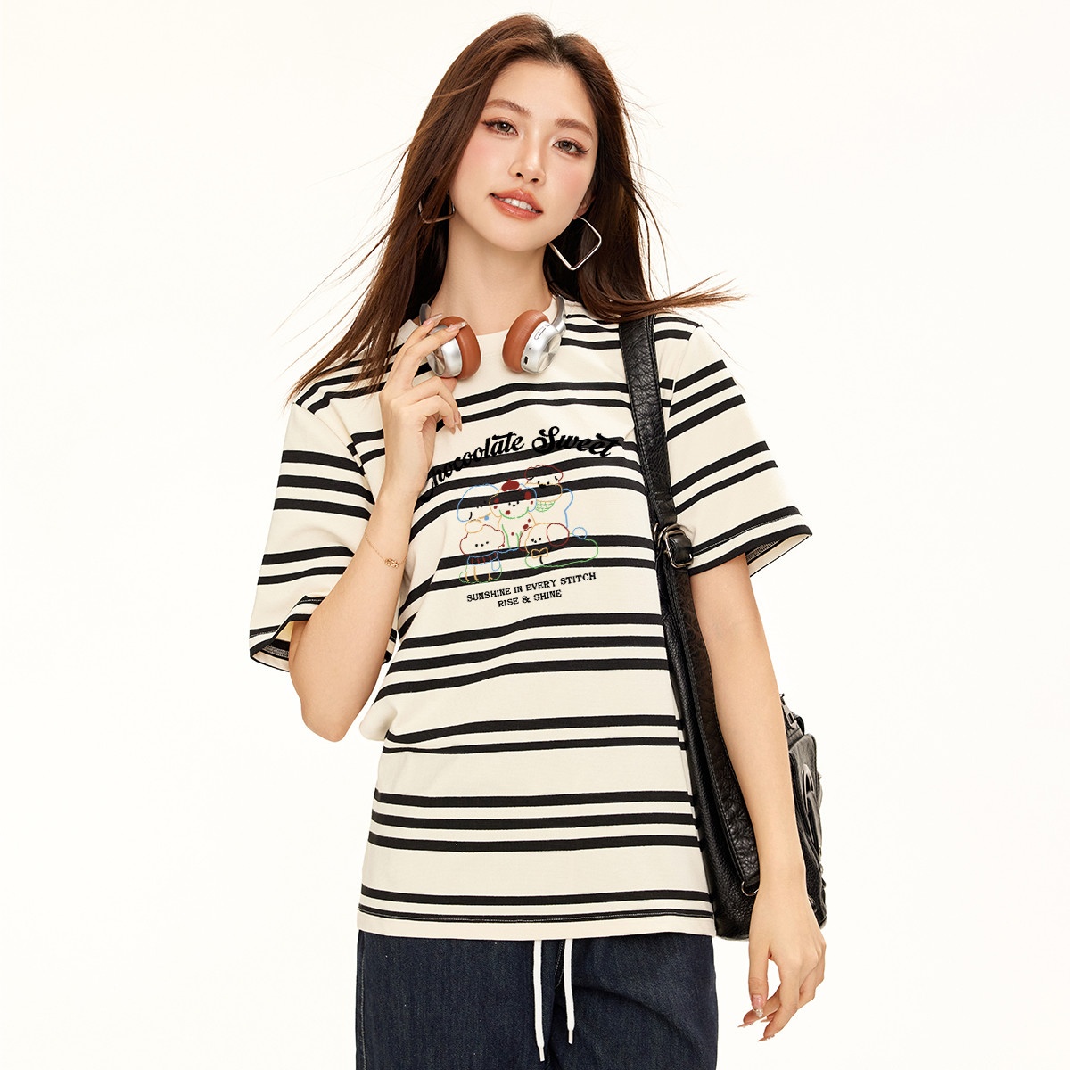 13714648.CHOCOOLATE条纹圆领短袖t恤夏季宽松印花女式针织上衣