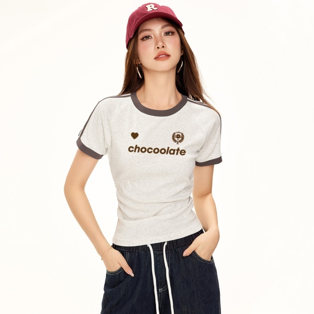 13714621.CHOCOOLATE纯欲辣妹修身显瘦短袖t恤夏季字母植绒上衣