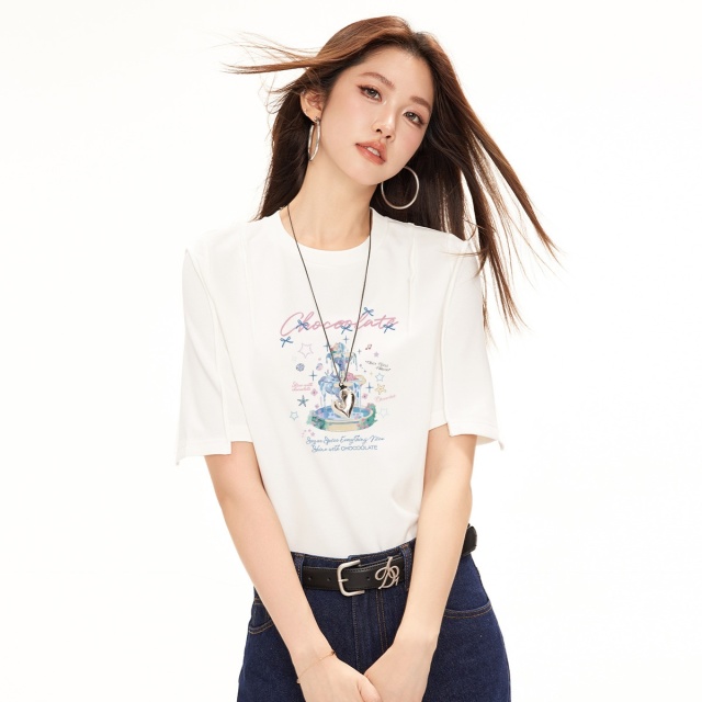 13714625.CHOCOOLATE小众设计短袖t恤夏季休闲百搭印花女式上衣