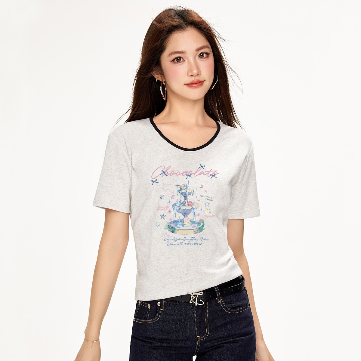 13714628.CHOCOOLATE印花短袖t恤女夏季休闲百搭日系小清新上衣