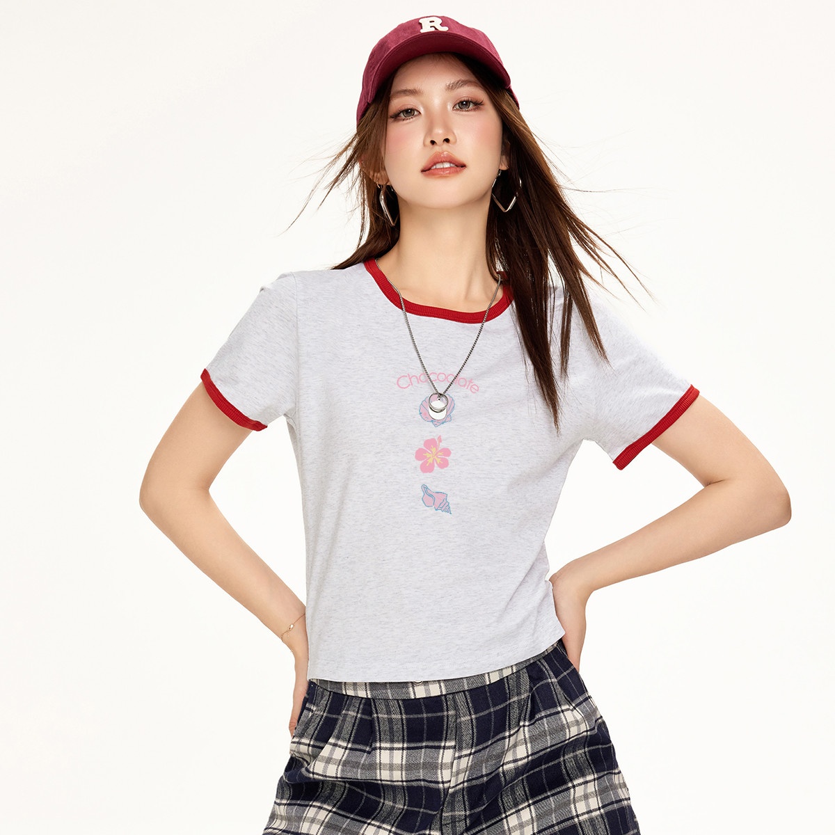 13714597.CHOCOOLATE小清新印花撞色短袖t恤学院风小个子上衣女