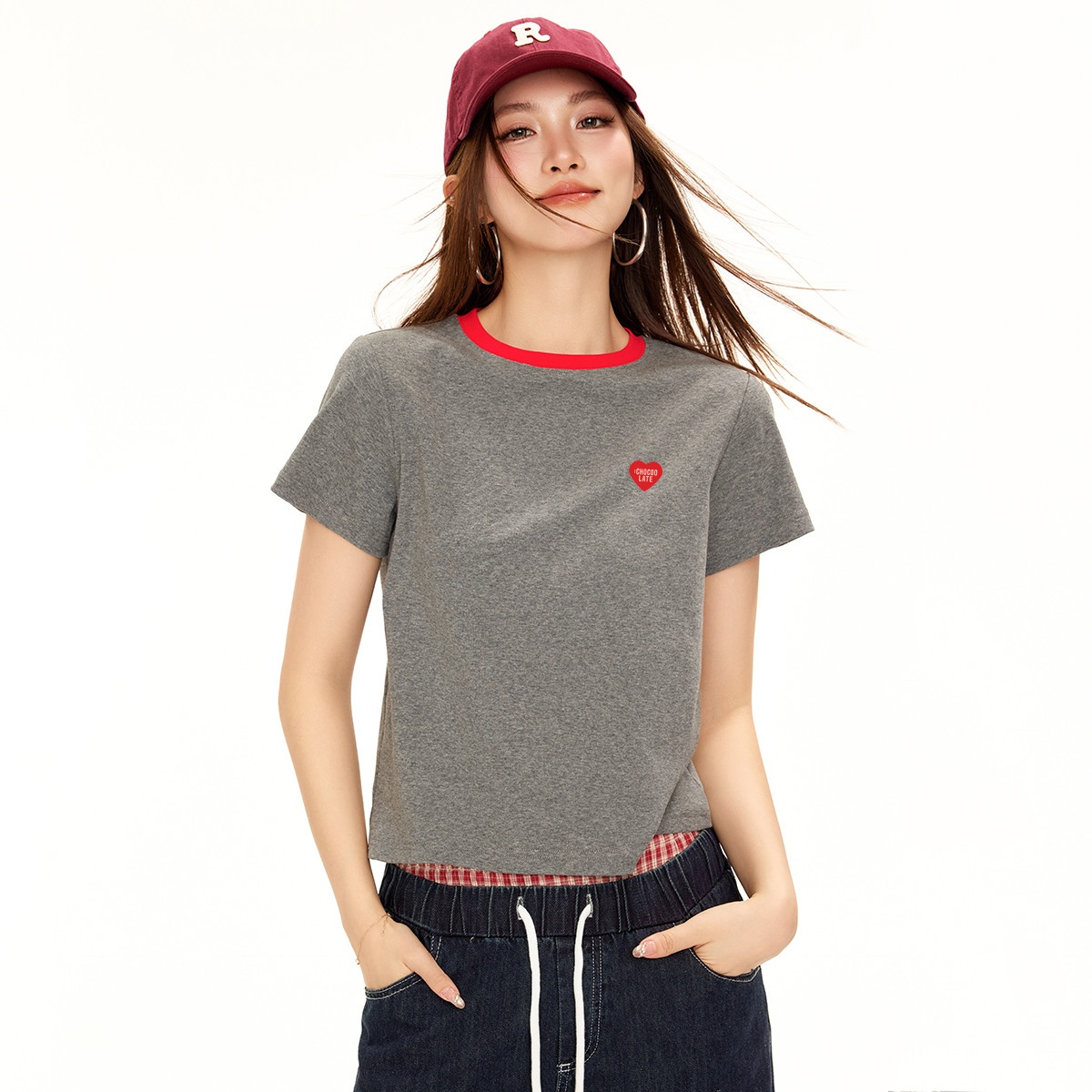 13714605.CHOCOOLATE撞色圆领短袖t恤夏季新款辣妹短款女式上衣