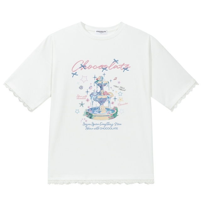13714633.CHOCOOLATE花边拼接短袖印花t恤夏季新款休闲宽松上衣
