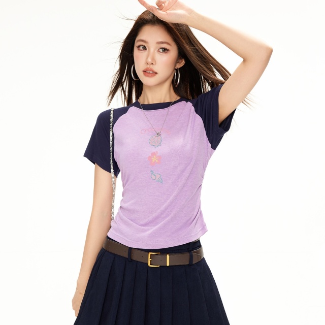 13714616.CHOCOOLATE【夏季新款】拼接撞色短袖t恤减龄女式上衣