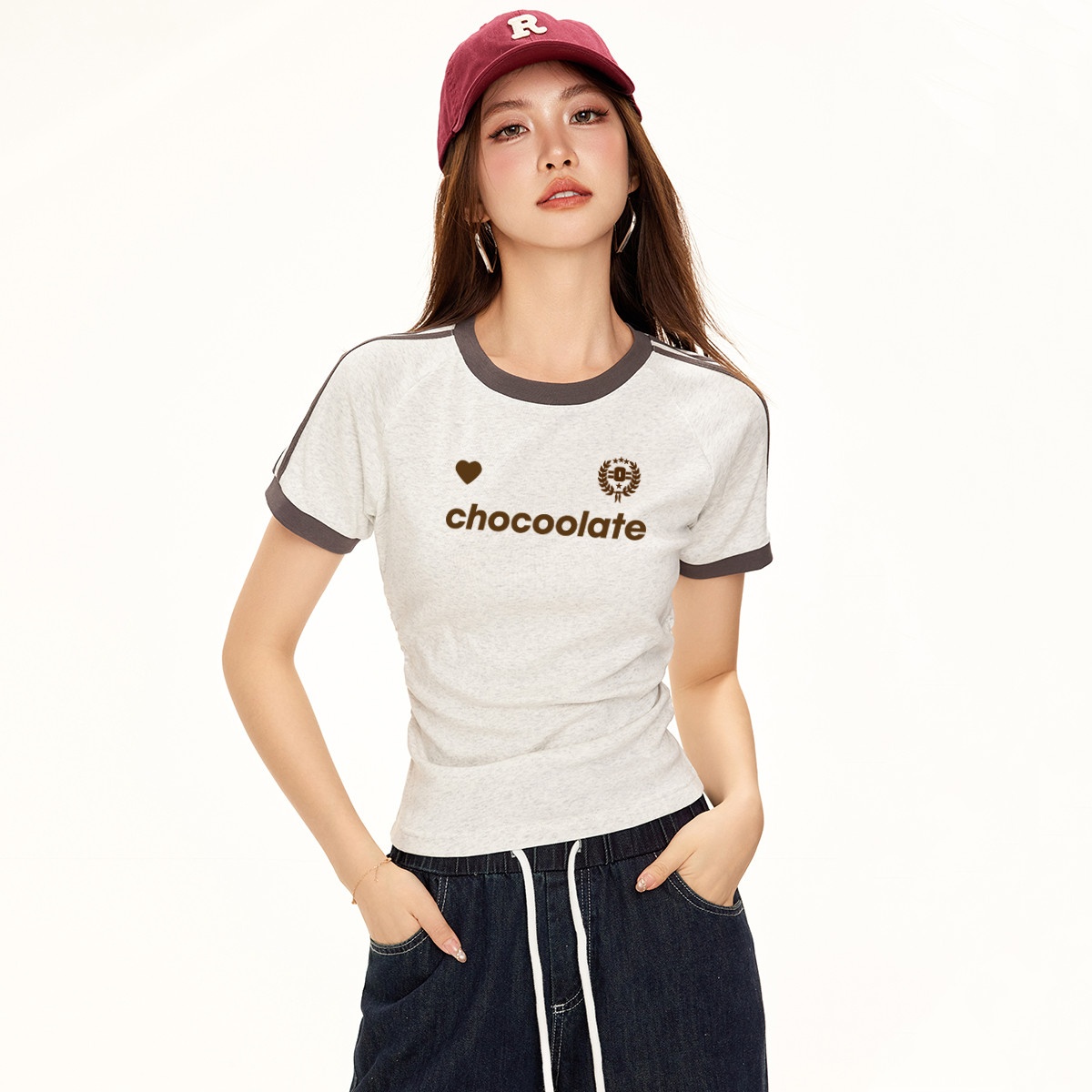 13714621.CHOCOOLATE纯欲辣妹修身显瘦短袖t恤夏季字母植绒上衣