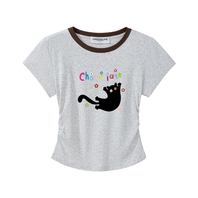 13714583.CHOCOOLATE撞色领短袖t恤女夏季新款可爱小猫印花上衣