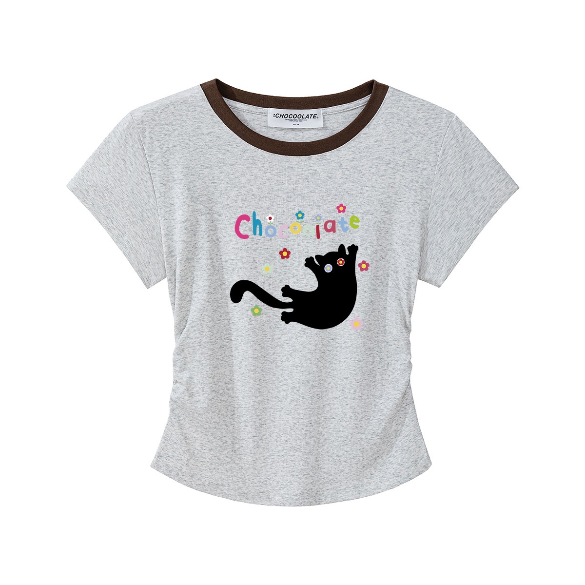 13714583.CHOCOOLATE撞色领短袖t恤女夏季新款可爱小猫印花上衣