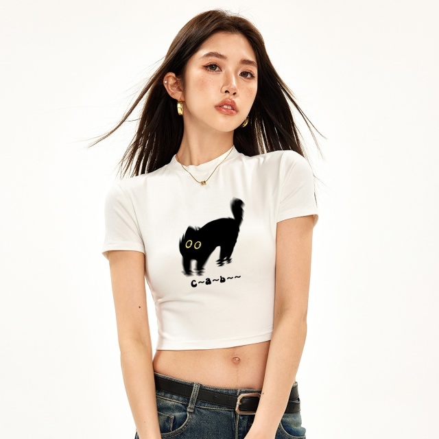 13714560.ccaabb猫咪印花短袖t恤夏季纯欲辣妹显瘦短款百搭女式上衣