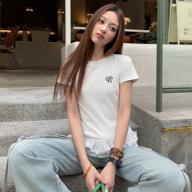 13714178.CHOCOOLATE芭蕾风蕾丝花边圆领印花短袖t恤夏季小白t
