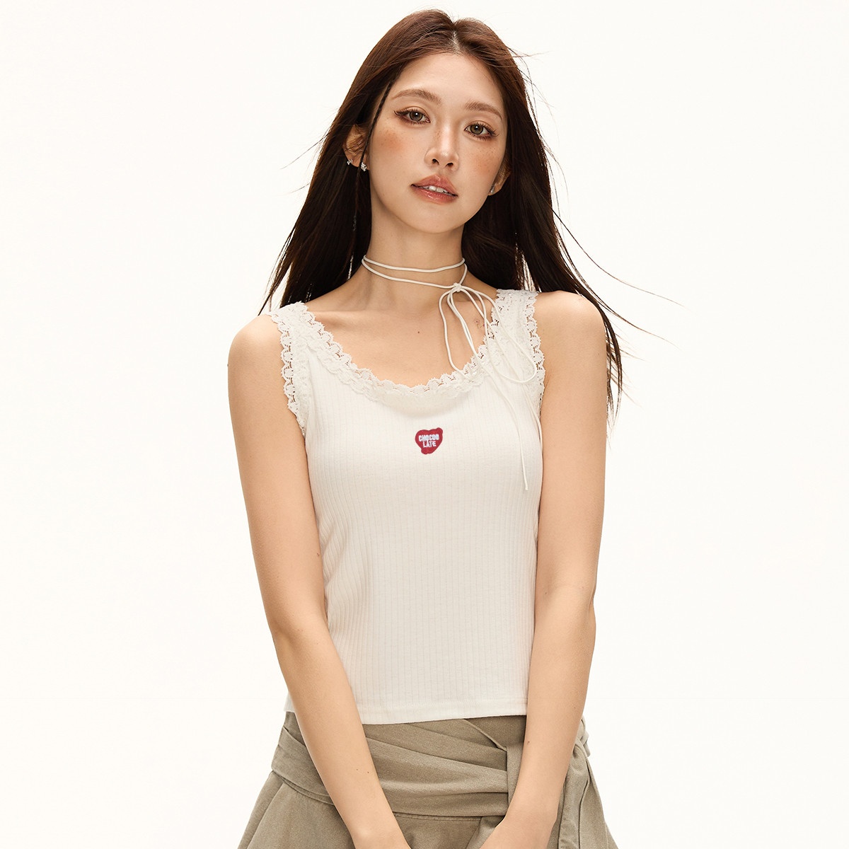 13714180.CHOCOOLATE花边拼接无袖t恤夏季简约纯欲辣妹针织背心