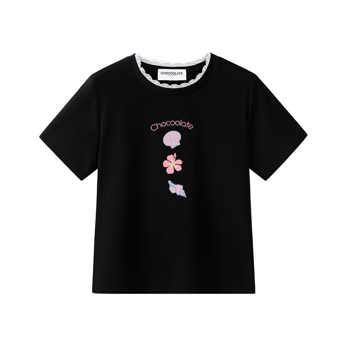 13714655.CHOCOOLATE花边拼接圆领印花短袖t恤夏季甜美别致上衣