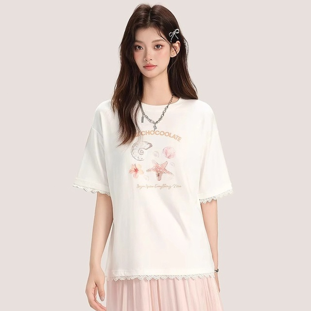 13714623.CHOCOOLATE夏季新款花边拼接印花短袖t恤学院减龄上衣
