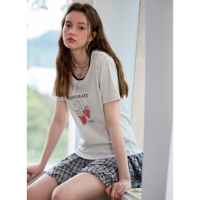 13714191.CHOCOOLATE樱桃印花圆领上衣夏季小个子甜美短袖t恤女