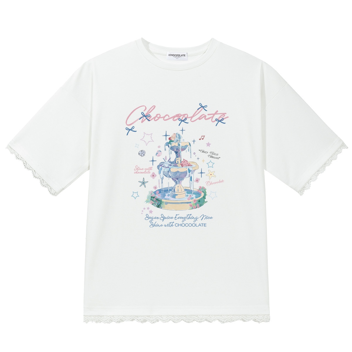 13714633.CHOCOOLATE花边拼接短袖印花t恤夏季新款休闲宽松上衣