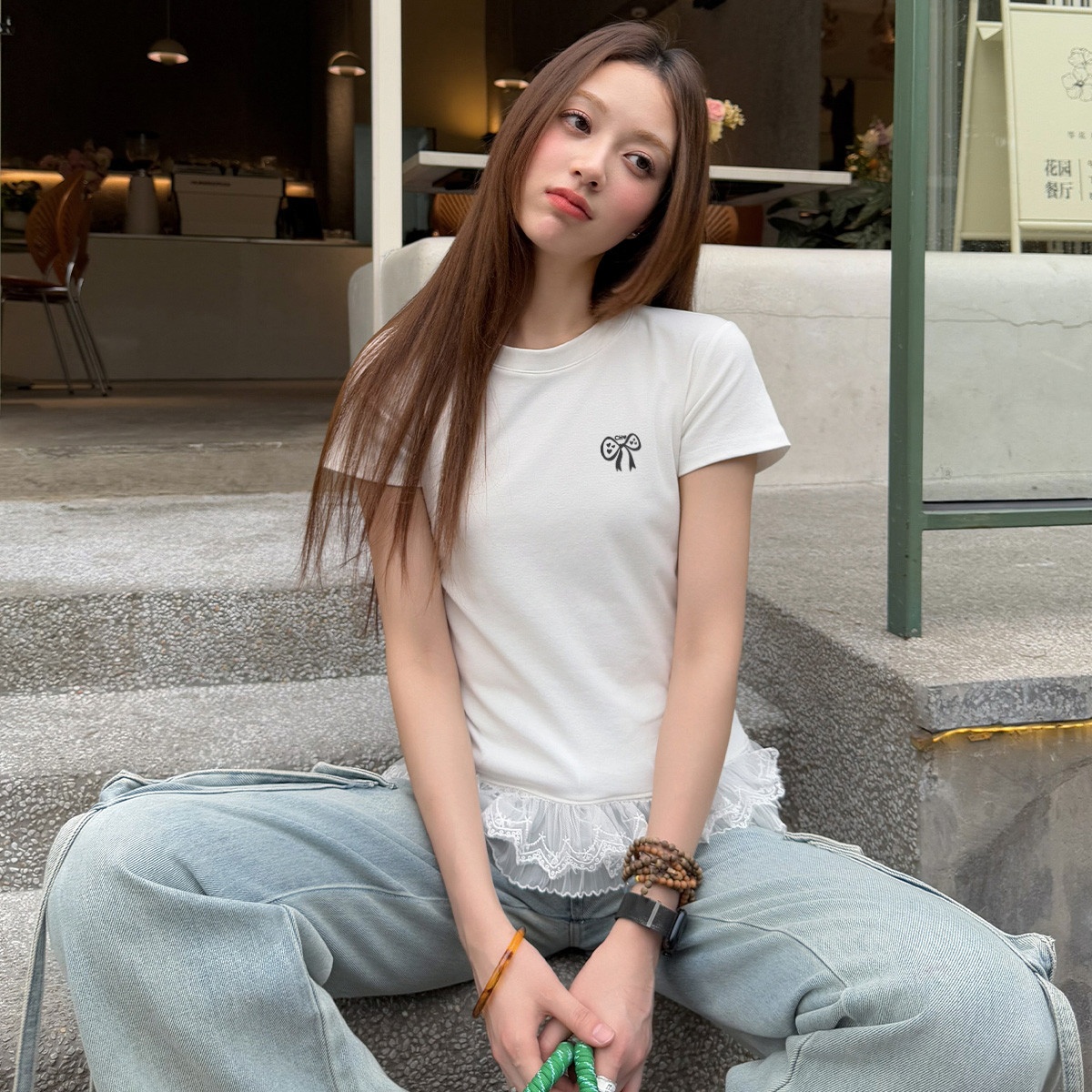 13714178.CHOCOOLATE芭蕾风蕾丝花边圆领印花短袖t恤夏季小白t