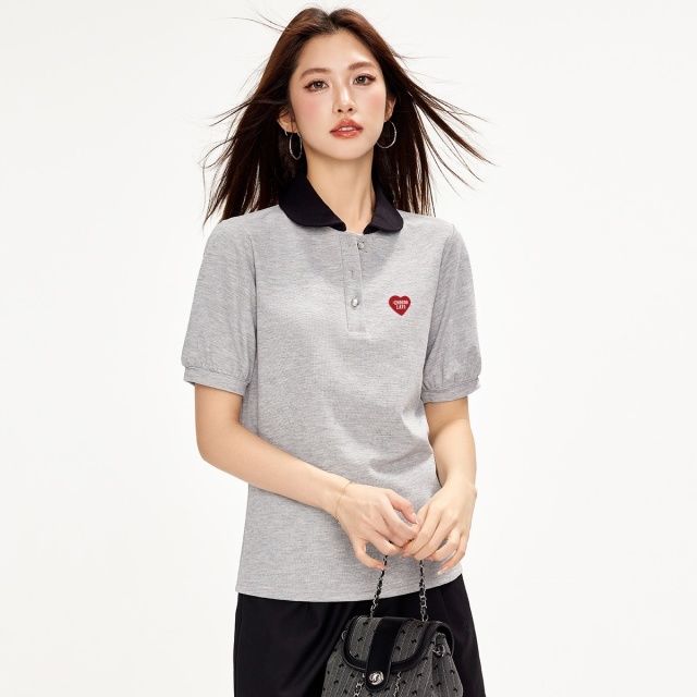 13714083.CHOCOOLATE爱心植绒polo衫女修身运动夏季短袖T恤
