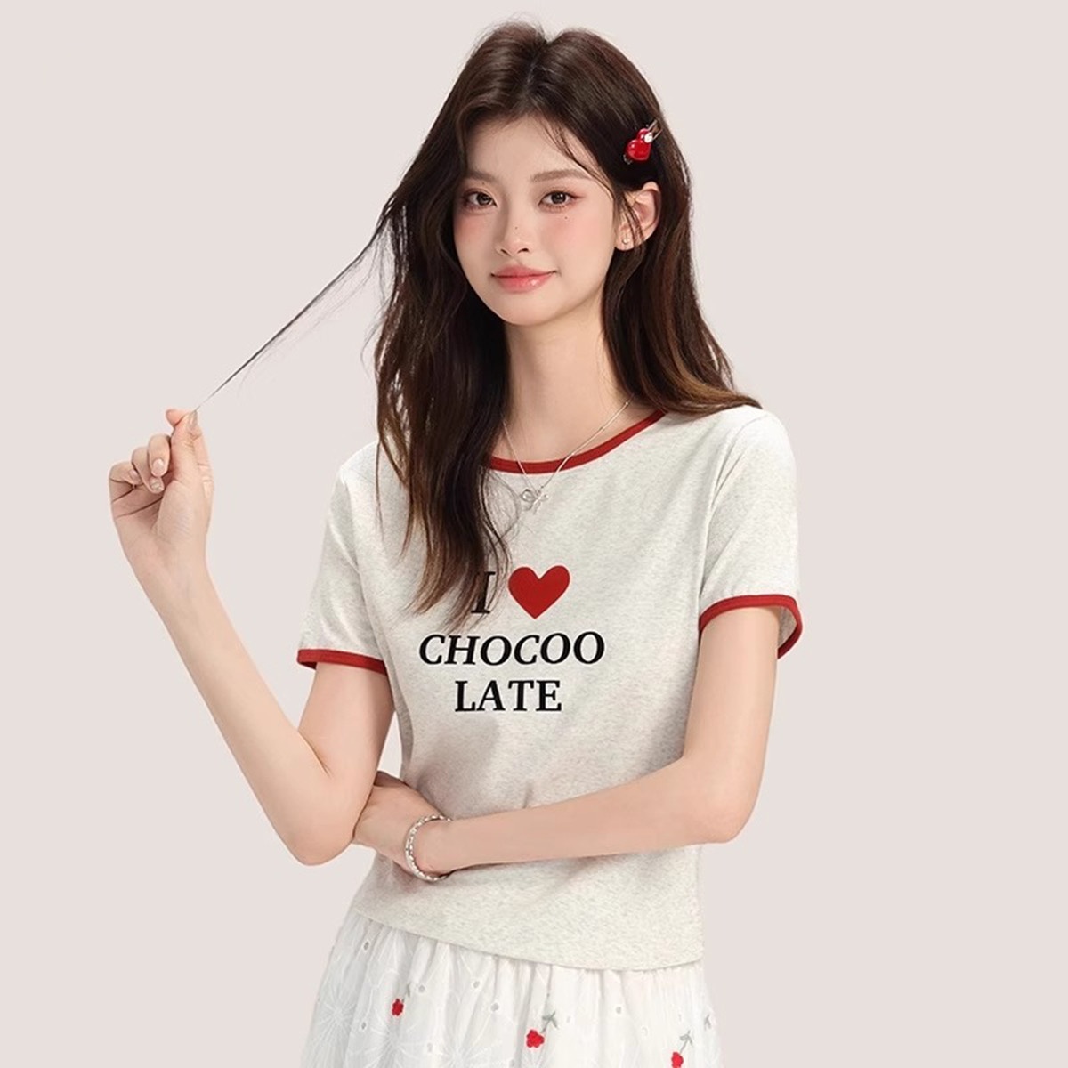 13714584.CHOCOOLATE甜美少女印花短袖t恤夏季新款休闲女式上衣