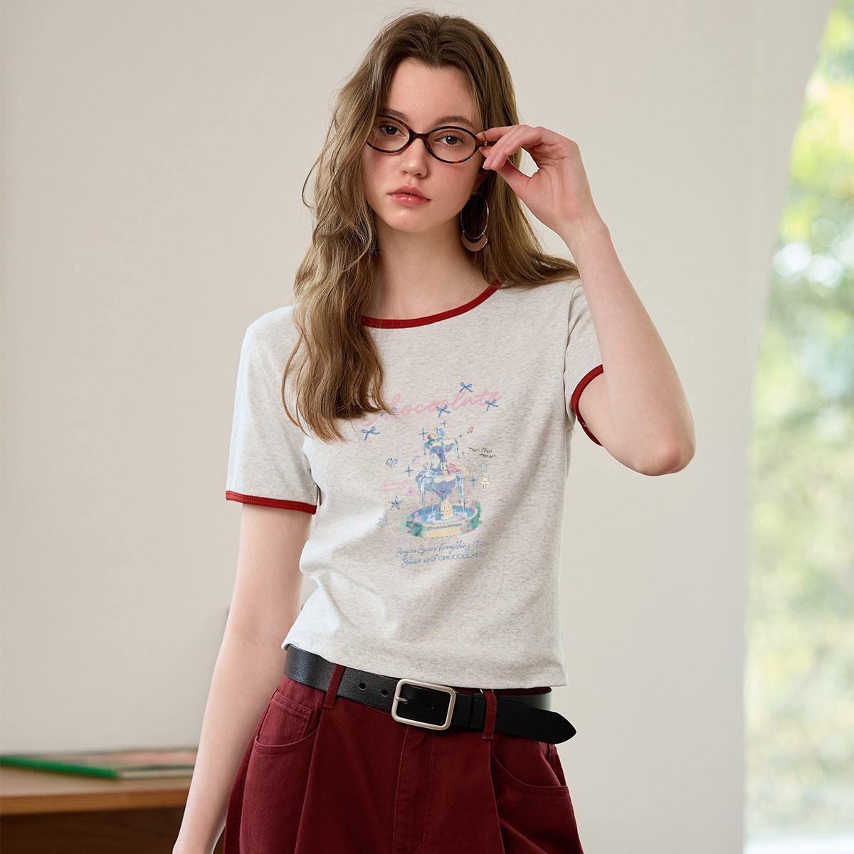 13714569.CHOCOOLATE撞色领印花短袖t恤夏季学院风校园女式上衣