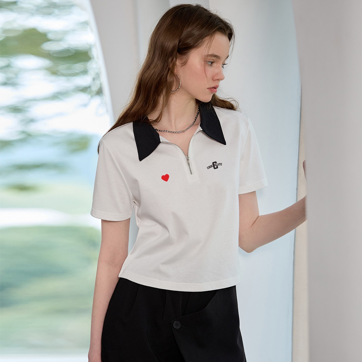 13714613.CHOCOOLATE夏季时尚短袖t恤翻领polo衫短款女上衣