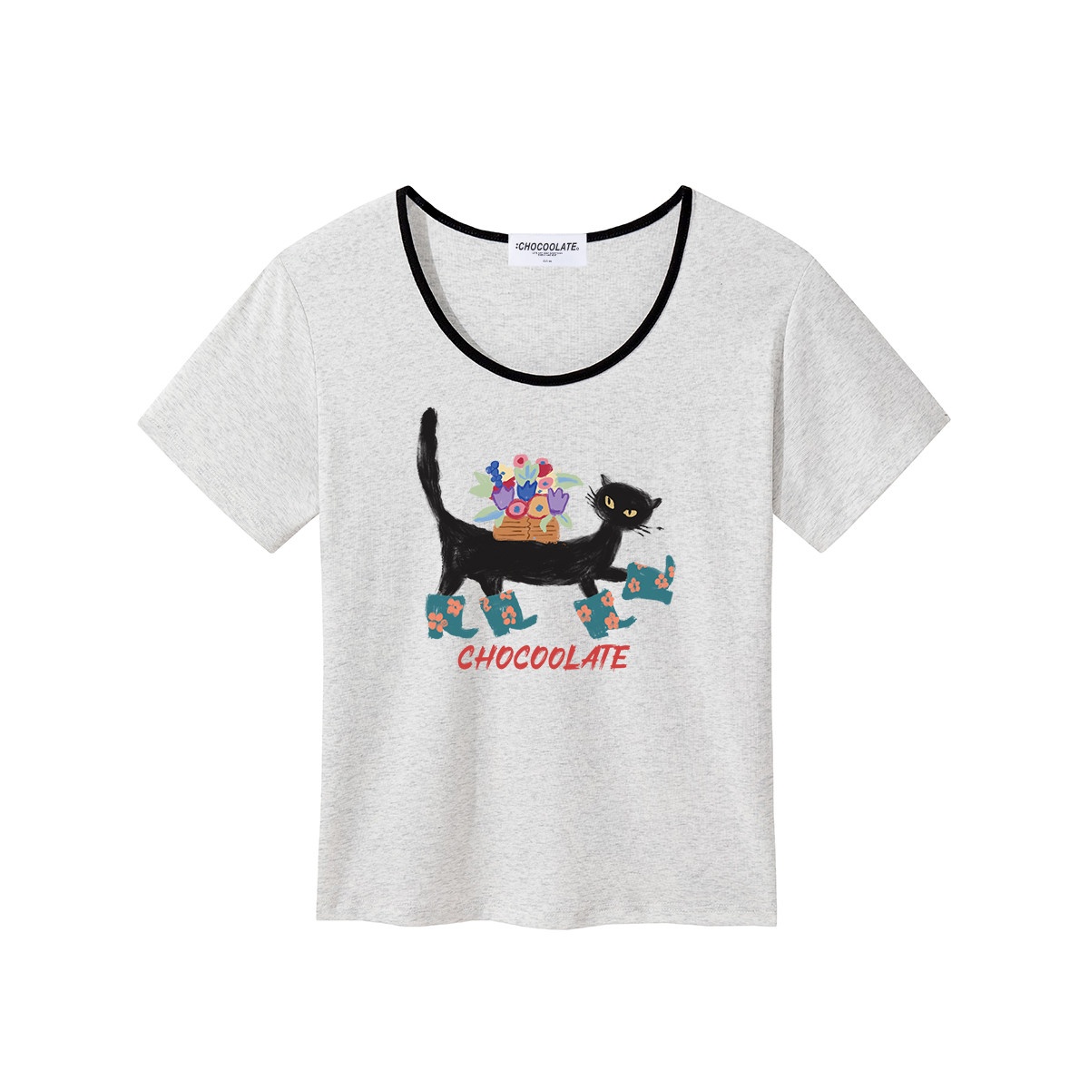 13714187.CHOCOOLATE夏季猫咪印花短袖t恤休闲百搭减龄半袖上衣