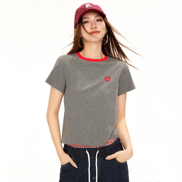 13714605.CHOCOOLATE撞色圆领短袖t恤夏季新款辣妹短款女式上衣
