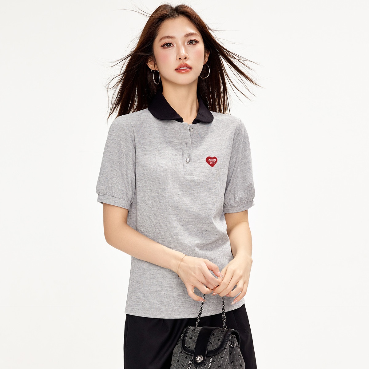 13714083.CHOCOOLATE爱心植绒polo衫女修身运动夏季短袖T恤
